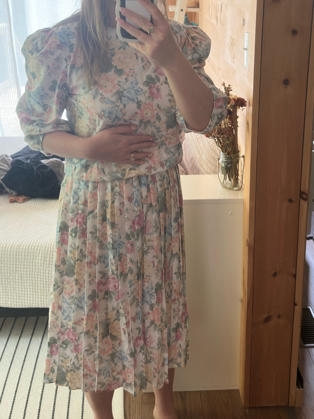 Floral Puff-Sleeve Midi Dress - Pastel Floral